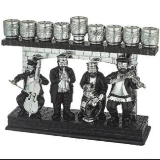 חנוכייה מהודרת מפוליריזן כסף שחור עם חסידים מנגנים